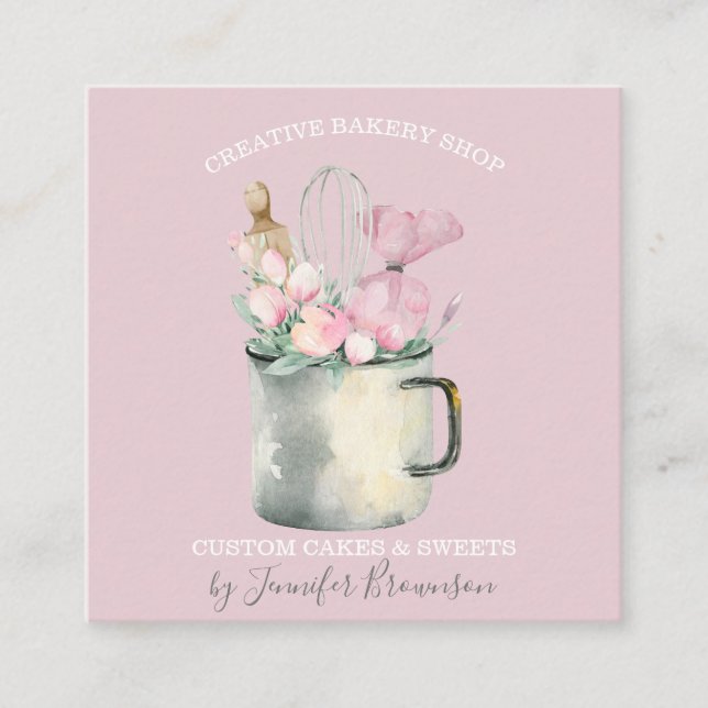 Bäckerei Konditorei Koch Boho rosa Blumengebäck Quadratische Visitenkarte (Vorderseite)