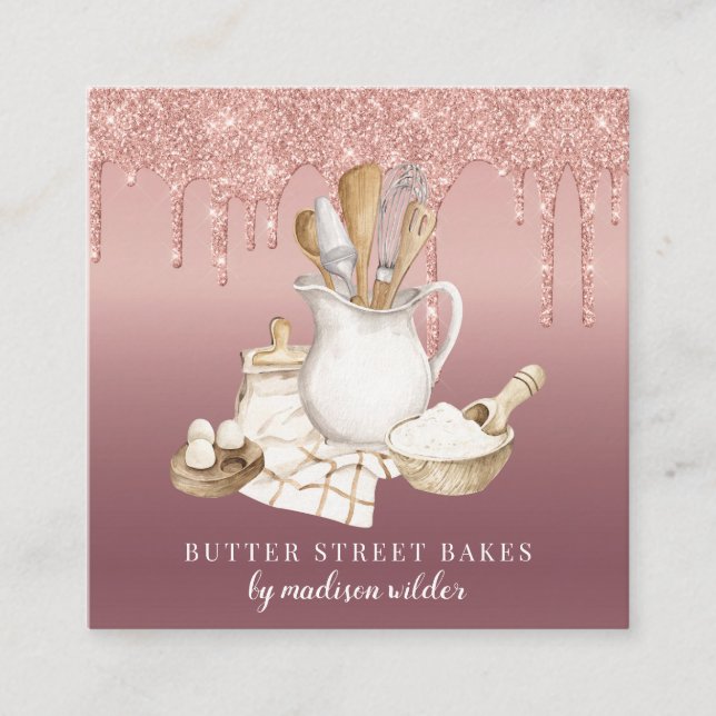 Bäckerei Konditorei Koch Glitzer Tropfen Rose Gold Quadratische Visitenkarte (Vorderseite)