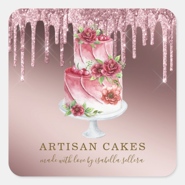 Bäckerei Konditorei Koch Rose Gold Glitzer Tropfen Quadratischer Aufkleber (Vorderseite)