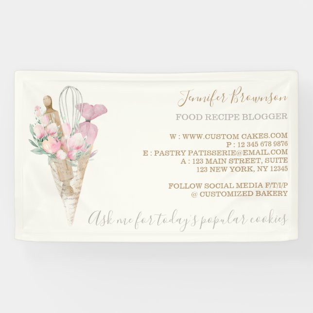 Bäckerei Konditorei Pink Blume Boho Creative Banner (Horizontal)