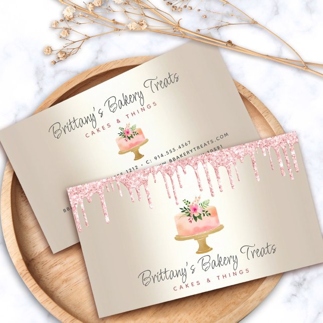 Bäckerei Kuchen Rosa Glitzer Tropfen Dessert Gold Visitenkarte (Von Creator hochgeladen)