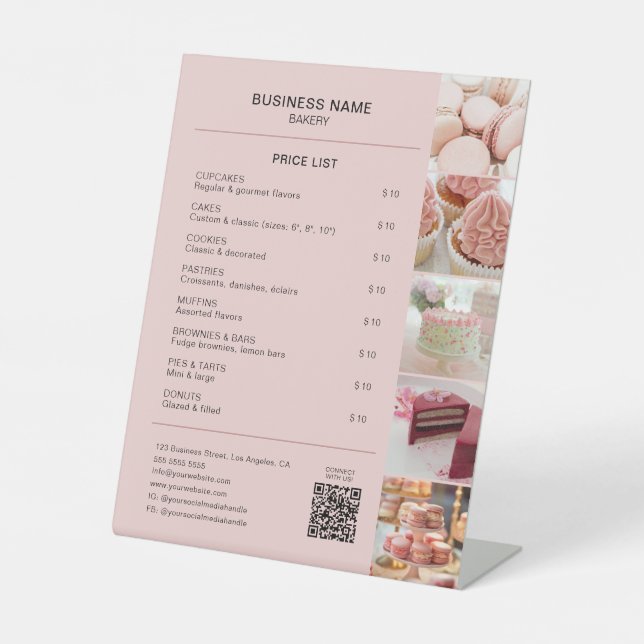 Bäckerei Minimal rosa Custom Foto QR Preisliste Sockelschild (Vorderseite)