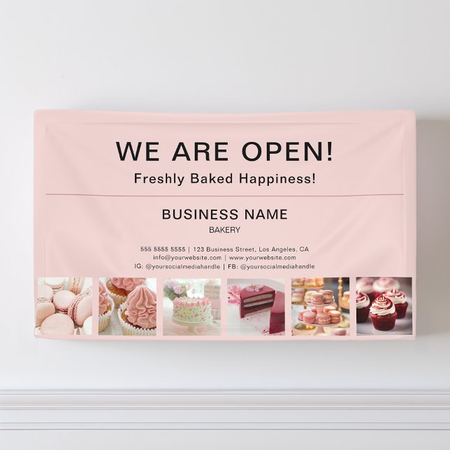 Bäckerei Minimal rosa Foto Wir sind offen Banner (Bakery Minimal Pink Photo We Are Open Banner)