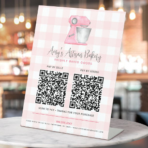 Bäckerei-Mixer-Logo Rosa Gingham 2 QR-Code Hier Za Sockelschild
