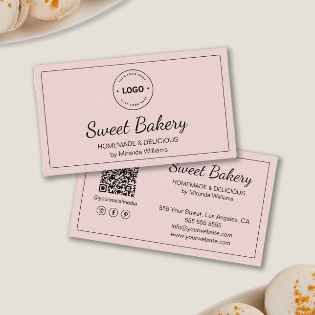 Bäckerei Pink Modernes Logo QR Social Media Icons Visitenkarte (Bakery Pink Modern Logo QR Social Media Icons Business Card)