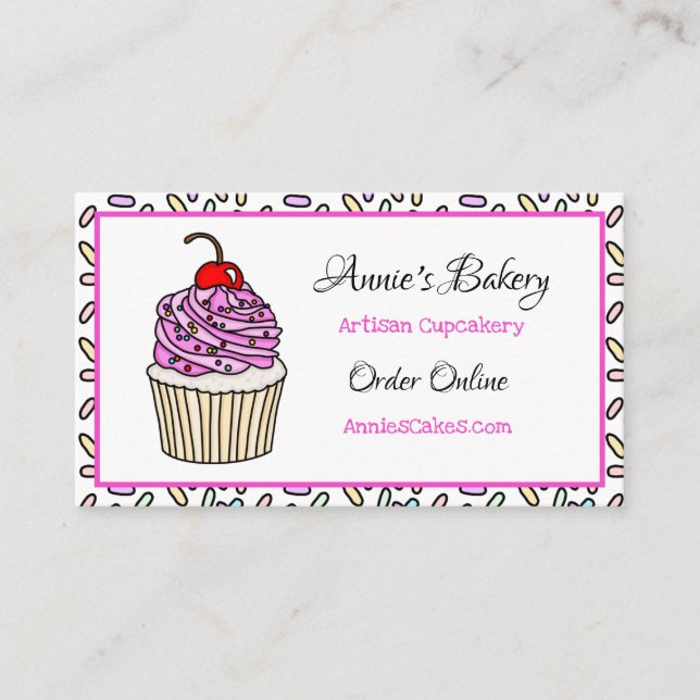 Bäckerei | Pink Sprinkler Cupcake Visitenkarte (Vorderseite)