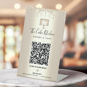 Bäckerei QR-Code Scan Menü Goldkuchen Glittertropf Sockelschild