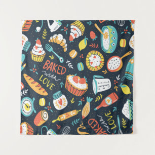 Bäckerei Retro nahtlos Muster mit Punkten und Blum Wandteppich