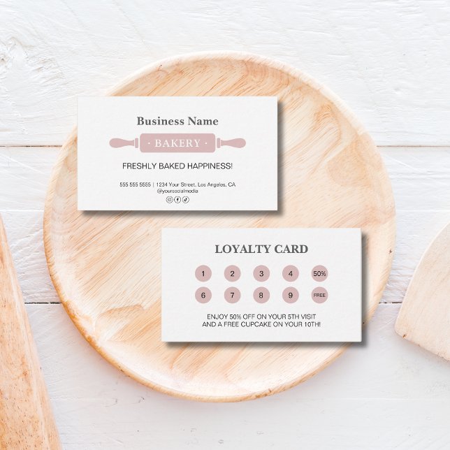 Bäckerei Rolling Button Weißrosa Business Rewards Treuekarte (Bakery Rolling Pin White Pink Business Reward Loyalty Card)