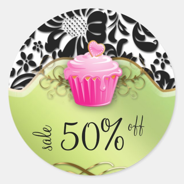 Bäckereiaufkleber Cupcake Floral Gold Pink Limette Runder Aufkleber (Vorderseite)