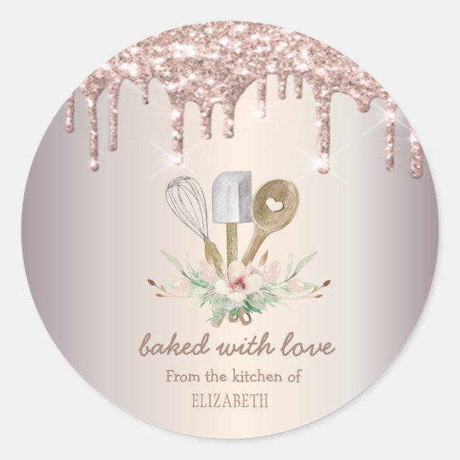 Bäckereihandwerkzeuge Rose Gold Glitzer Tropfen Runder Aufkleber (Vorderseite)