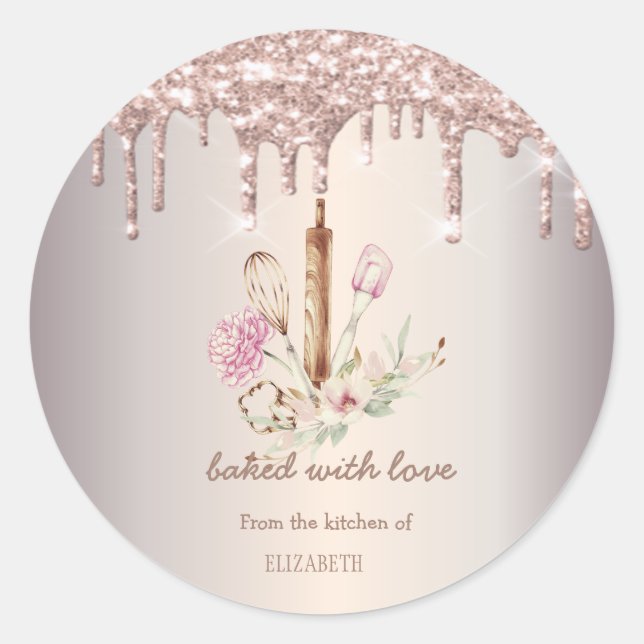 Bäckereiwerkzeuge Blume Glitzer Tropfen Runder Aufkleber (Vorderseite)
