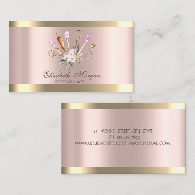 Bäckereiwerkzeuge Blume Gold Streifen Rose Gold Visitenkarte (Vorne/Hinten)