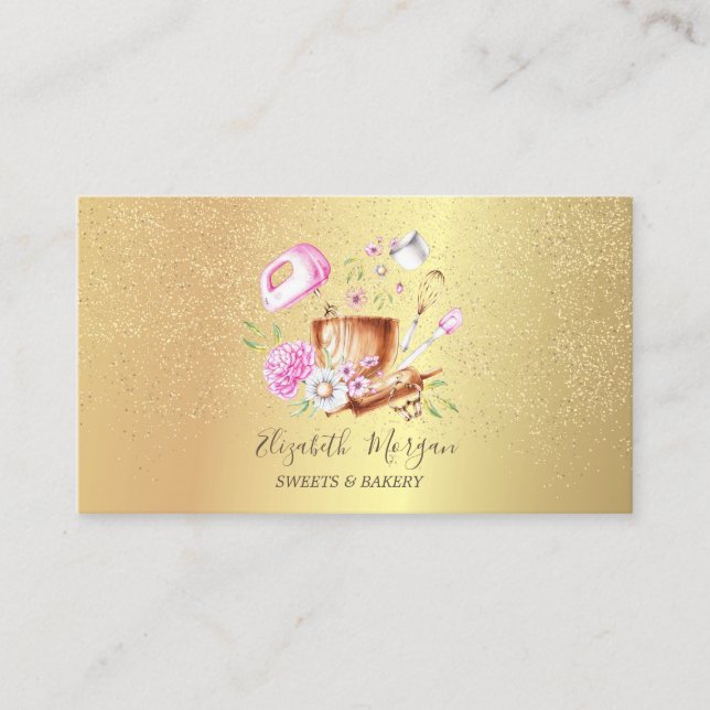 Bäckereiwerkzeuge Blume Rose Gold Confetti Visitenkarte (Vorderseite)