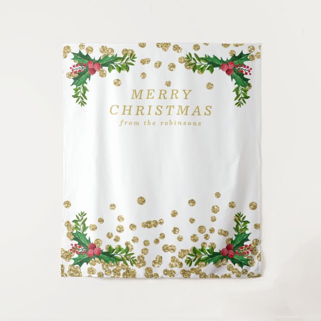 Background Gold Red Merry Christmas Holly Glitzer Wandteppich (Vorderseite)