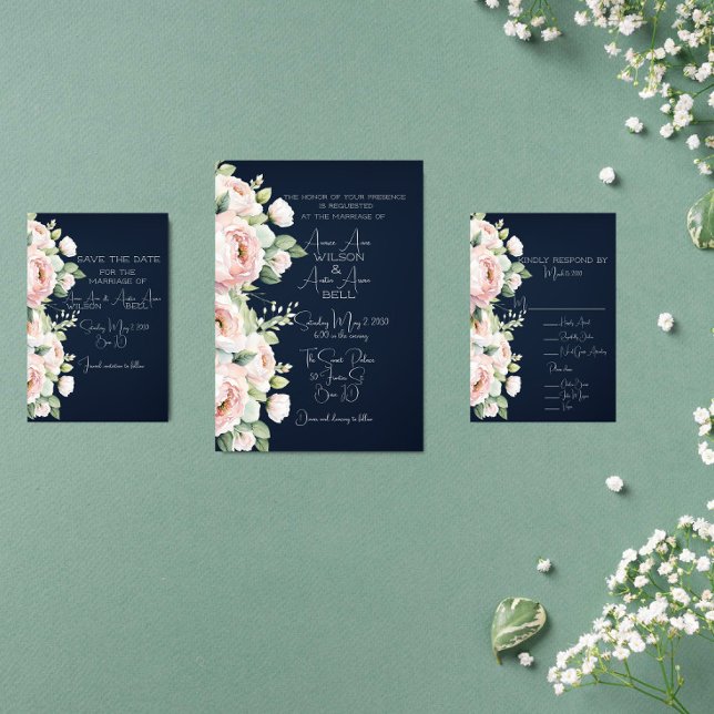 Background Wedding Pink Peonies Navy Einladung (Von Creator hochgeladen)