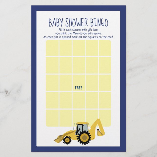 Backhoe Construction Baby Shower Bingo Spiel (Vorderseite)