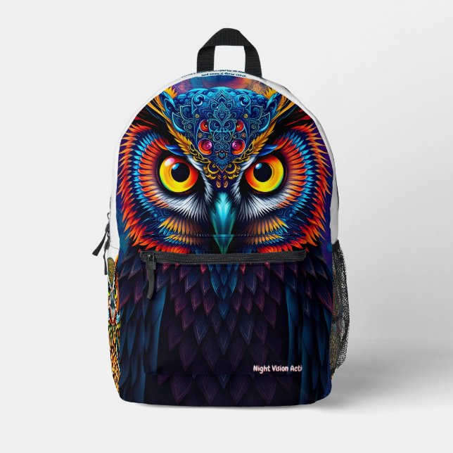 Backpack “Electric Dream Owl” – Night Vision Act. Bedruckter Rucksack (Vorderseite)