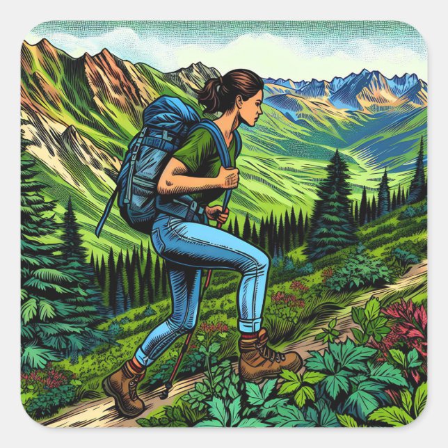 Backpacker Girl Wandern auf dem Weg Quadratischer Aufkleber (Vorderseite)