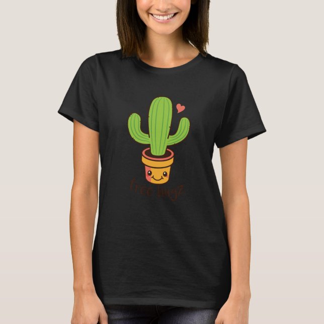 Backprint Free Hugs Cactus and Potted Plants T-Shirt (Vorderseite)