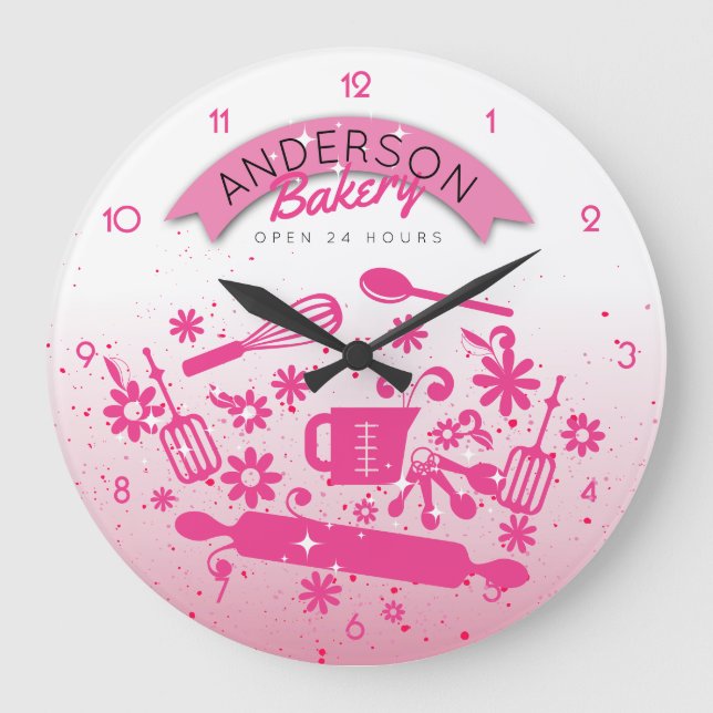 Backutensilien Kochen personalisierte rosa Küche Große Wanduhr (Vorderseite)