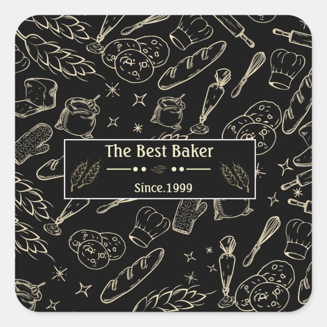 Backwerkzeug und Schwarz-weißes Küchenbäcker Quadratischer Aufkleber (Vorderseite)