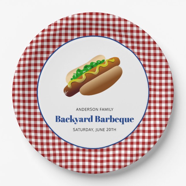 Backyard Barbeque Hot Dogs | Rot überprüft Pappteller (Vorderseite)