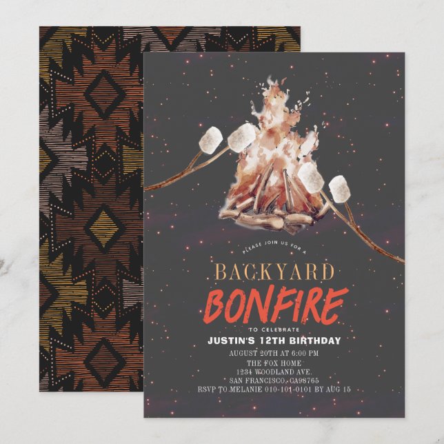 Backyard Bonfire Camping S'mores GRILLEN Birthday Einladung (Vorne/Hinten)