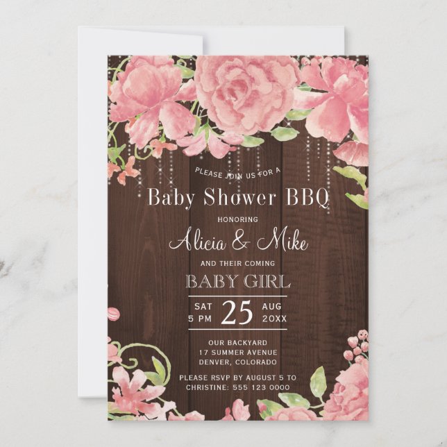 Backyard GRILLEN Baby Dusche rustikale Rosa Baby Einladung (Vorderseite)