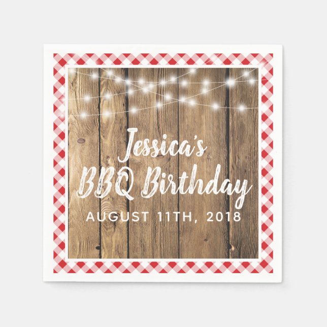 Backyard GRILLEN Birthday Party Gingham Wood Rusti Serviette (Vorderseite)