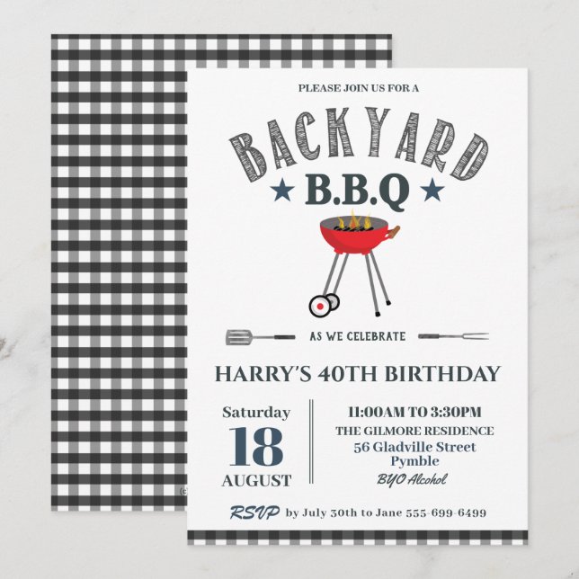 Backyard GRILLEN Male Birthday Black Gingham  Einladung (Vorne/Hinten)