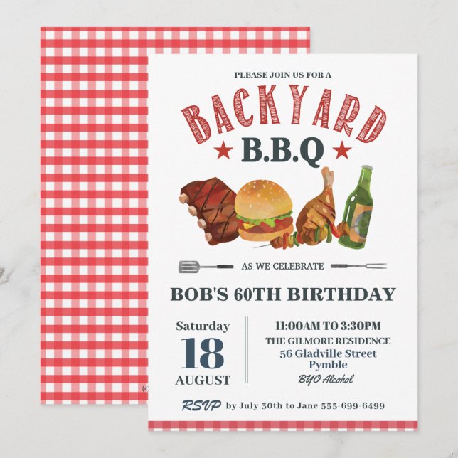 Backyard GRILLEN Male Birthday Red Gingham Beer Einladung (Vorne/Hinten)