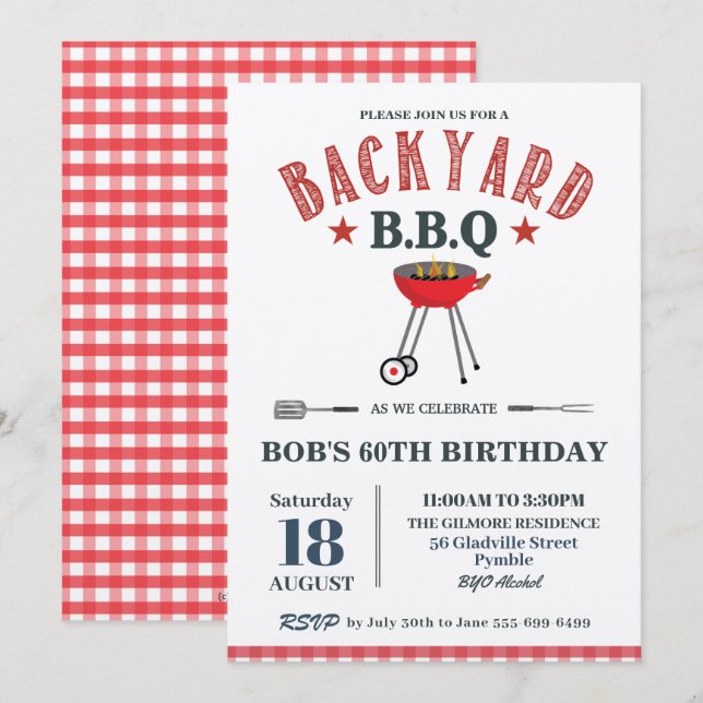 Backyard GRILLEN Male Birthday Red Gingham Craft Einladung (Vorne/Hinten)