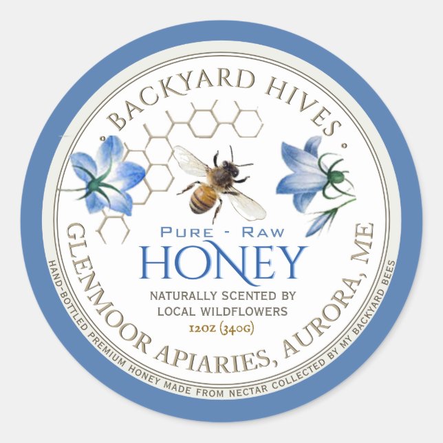 Backyard Hive Raw Local Honey Blume und Biene Runder Aufkleber (Vorderseite)