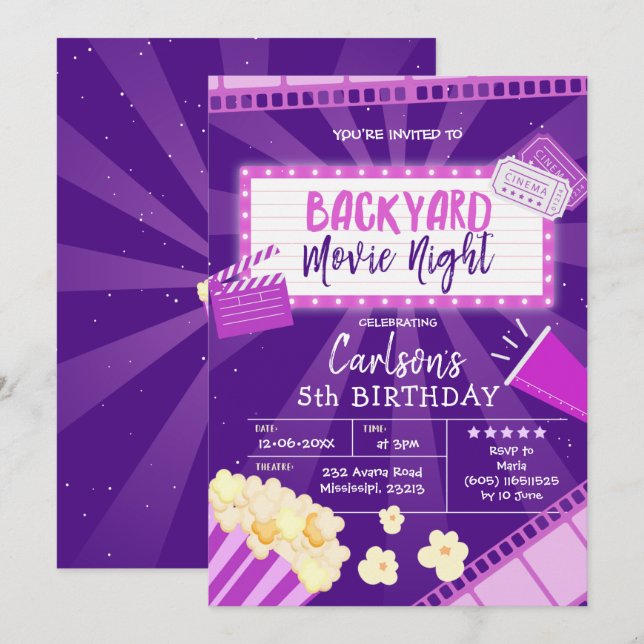 Backyard Movie Night Birthday Einladung (Vorne/Hinten)