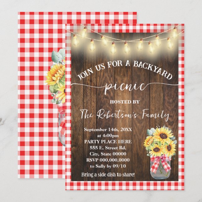 Backyard Picnic Party Rote Karierte Sonnenblumen Einladung (Vorne/Hinten)