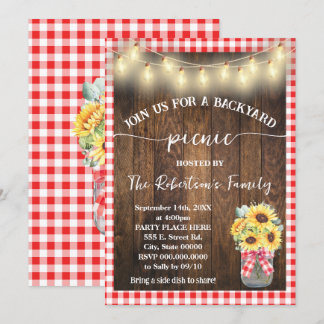 Backyard Picnic Party Rote Karierte Sonnenblumen Einladung