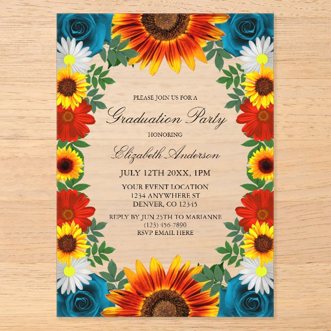 Backyard Summer Floral Graduation Party Acryleinladungen (Vorderseite)