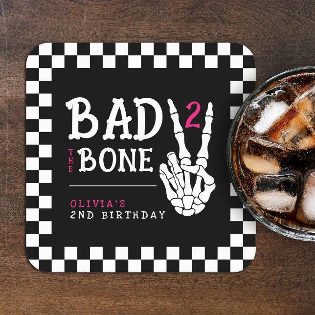 Bad 2 the Bone Skeleton Pink 2nd Birthday Party Rechteckiger Pappuntersetzer (Bad 2 the Bone Skeleton Pink 2nd Birthday Party Square Paper Coaster
)