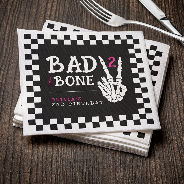 Bad 2 the Bone Skeleton Pink 2nd Birthday Party Serviette (Bad 2 the Bone Skeleton Pink 2nd Birthday Party Napkins
)