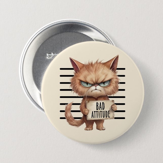 Bad Attitude Cat Mugshot - Funny Feline Design Button (Vorne & Hinten)