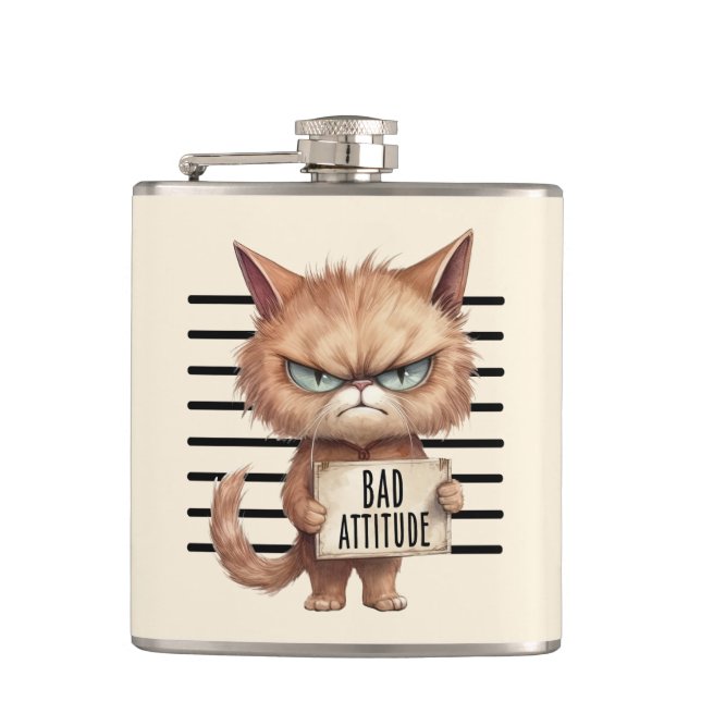 Bad Attitude Cat Mugshot - Funny Feline Design Flachmann (Vorderseite)