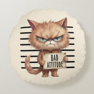 Bad Attitude Cat Mugshot - Funny Feline Design Rundes Kissen