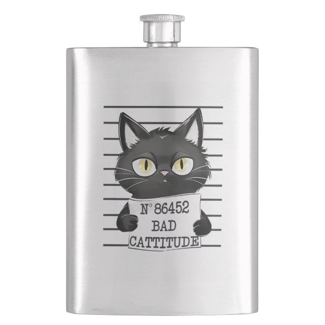 Bad Cattitude - Black Cat Mugshot Flachmann (Vorderseite)
