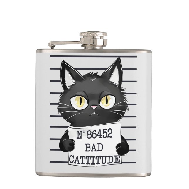 Bad Cattitude - Black Cat Mugshot Flachmann (Vorderseite)