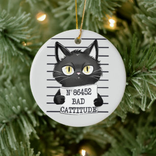 Bad Cattitude - Black Cat Mugshot Keramik Ornament