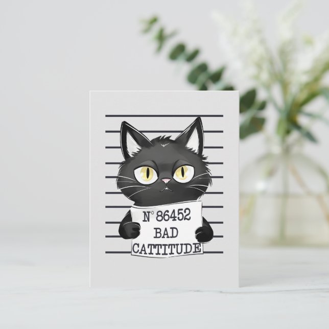 Bad Cattitude - Black Cat Mugshot Postkarte (Stehend Vorderseite)
