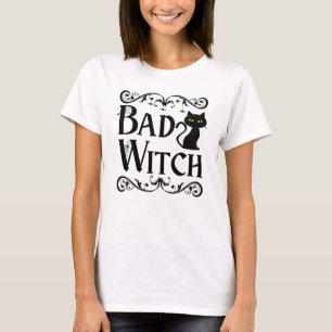 Bad Hexe Schwarze Katze Schwarz und Weiß Halloween T-Shirt