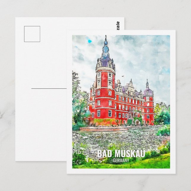 Bad Muskau Deutschland Reisemarkt Wasserfarbe Postkarte (Vorne/Hinten)