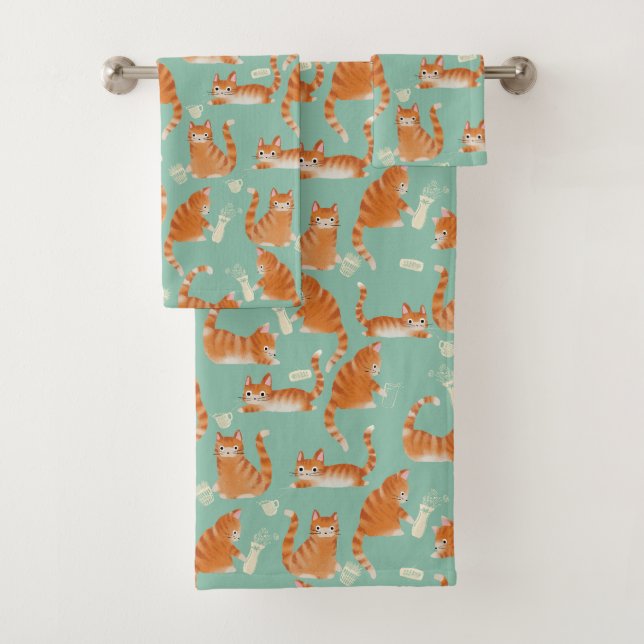 Bad Orange Tabby Katzen klopfen über Muster Badhandtuch Set (Insitu)